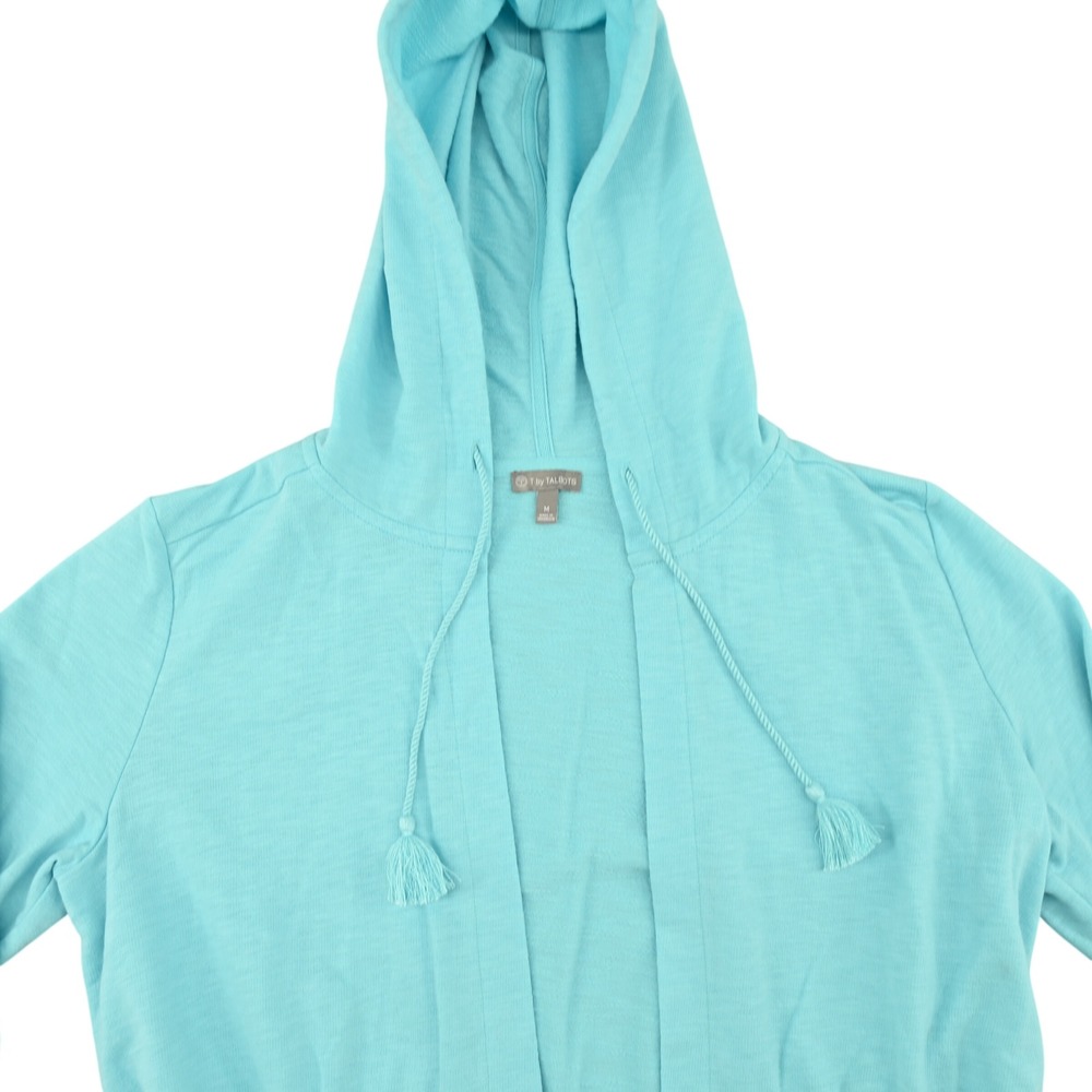 T by Talbots Women M Slub Terry Hooded Cardigan Aqua Blue Tassel Drawstring